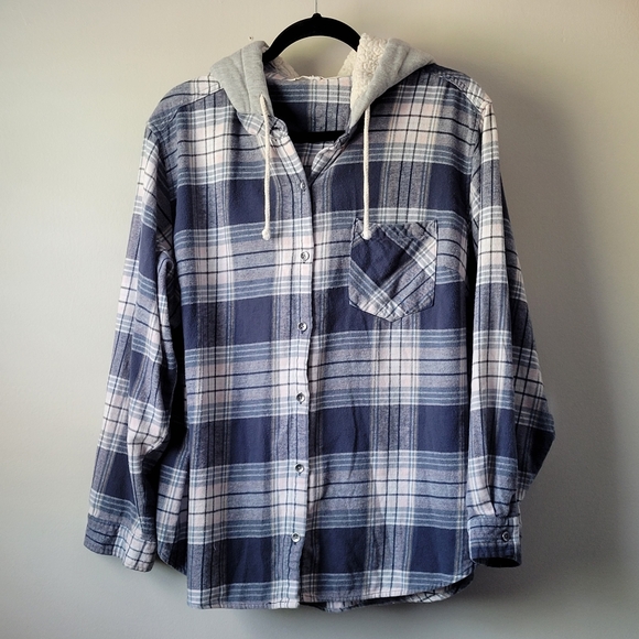 VANILLA STAR Blue Flannel Long Sleeve Button Down Hoodie Junior Women's XXL - Picture 3 of 15
